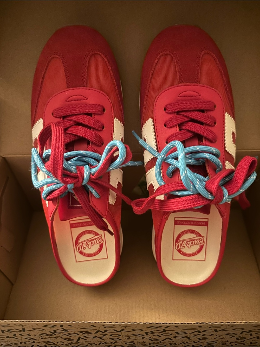 Back 70 Street Wear NWT Red Sneaker mules w White Side Stripes and Blue Laces